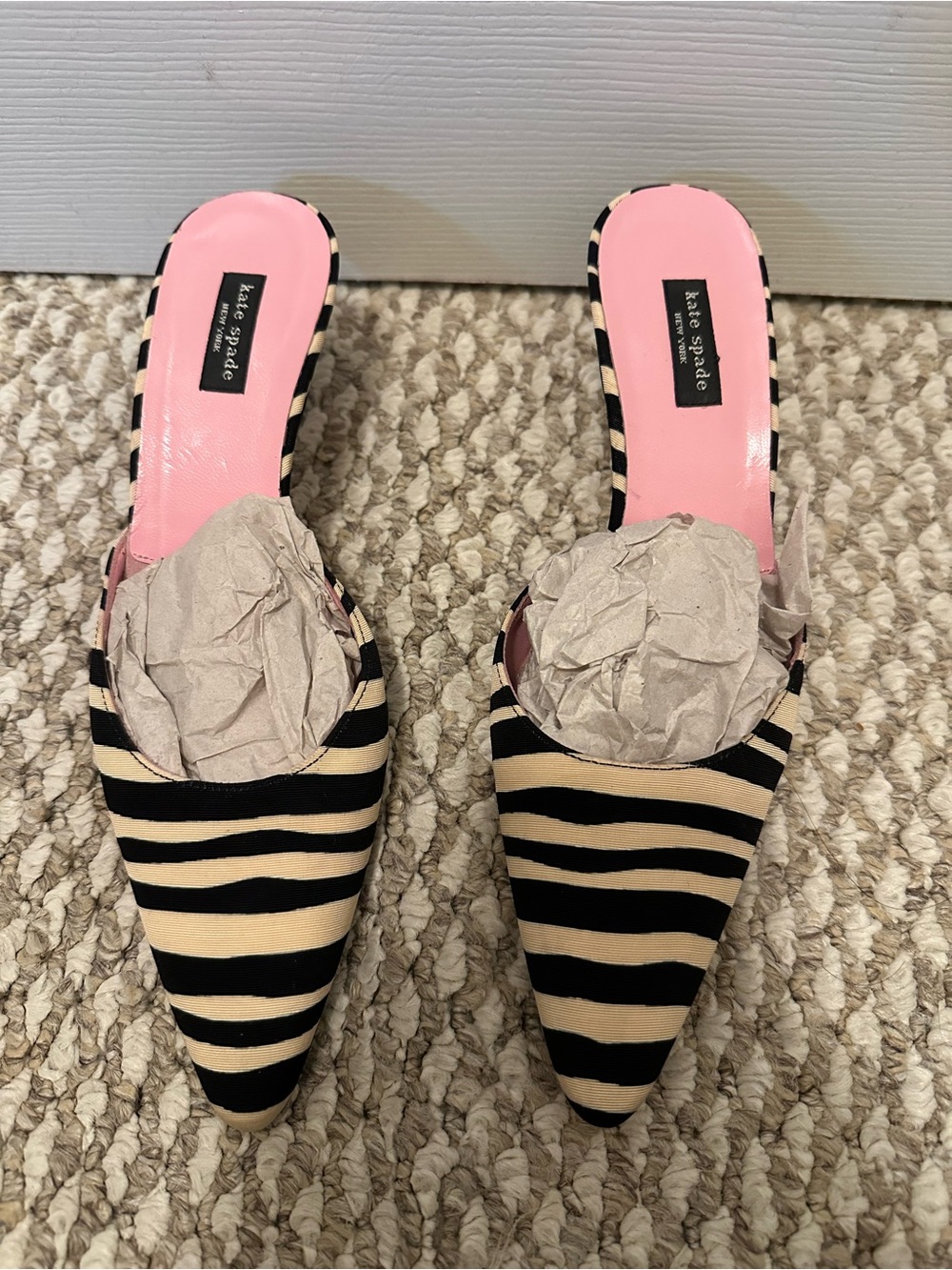 kate spade Black and Cream Striped Pointed Slip-On Mules